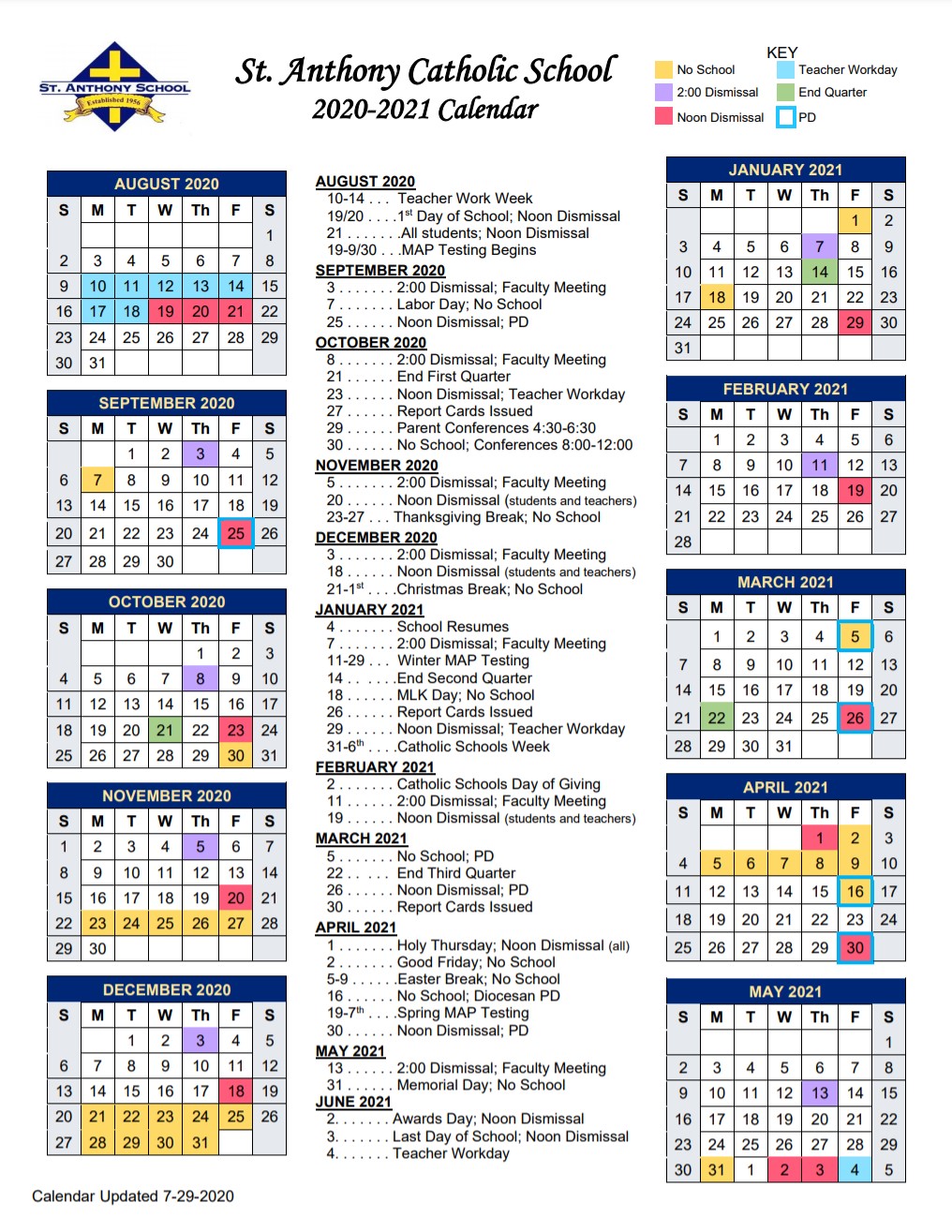 Academic Calendar - St. Anthony Catholic School