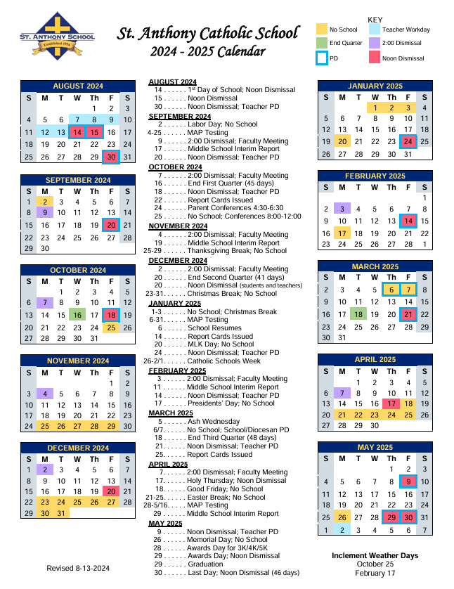 Academic Calendar - St. Anthony Catholic School