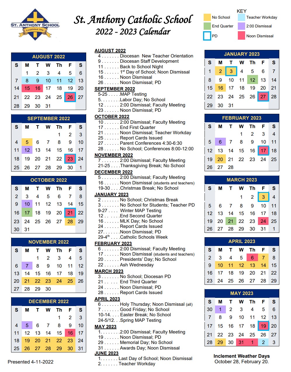 Academic Calendar - St. Anthony Catholic School